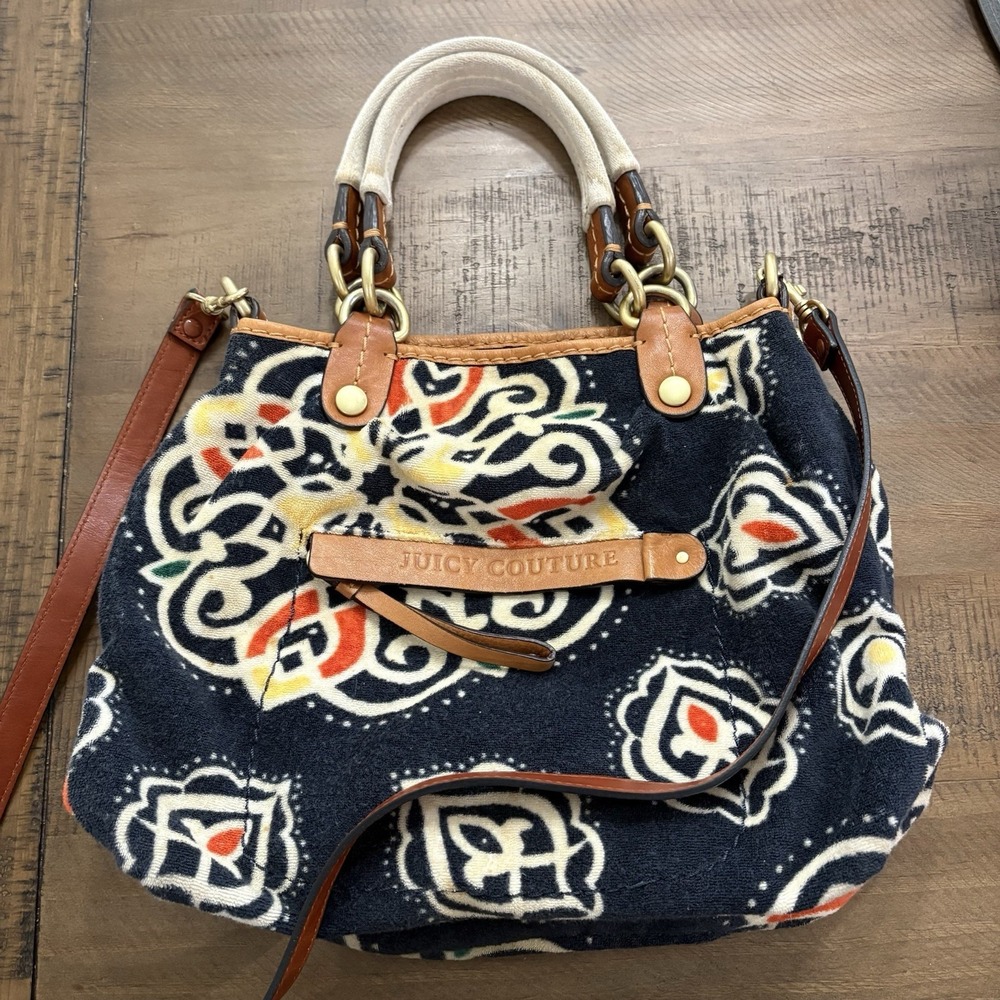 Juicy Couture Y2K Multicolor Blue Leather Straps Tote Hobo Overnight Bag